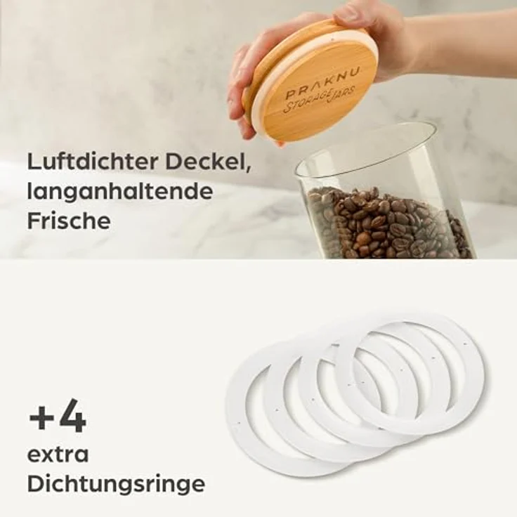 Niboline Praknu Vorratsgläser mit Deckel Luftdicht - 4er Set Borosilikatglas Bambusdeckel 1,2 L Transparent - Aufbewahrungsgläser mit hygienischer Spülmaschinenreinigung – Bild 4