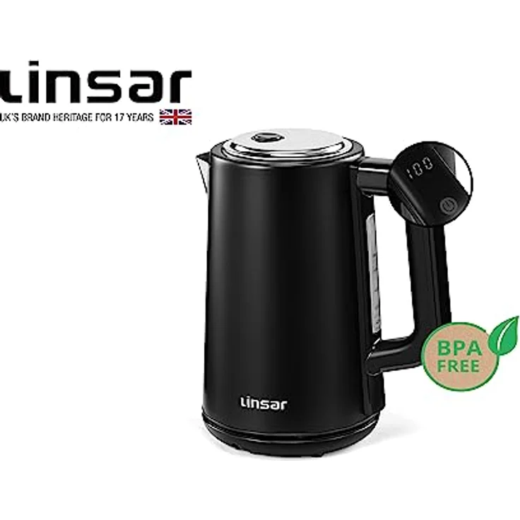 Linsar - Wasserkocher - Edelstahl-Optik - 1,7 Liter - Mit Touchfunktion, Warmhaltefunktion, 5 Temperatur-Einstellungen, Kalkfilter, Abschaltautomatik und digitaler Anzeige - 2200 Watt (Schwarz) – Bild 2