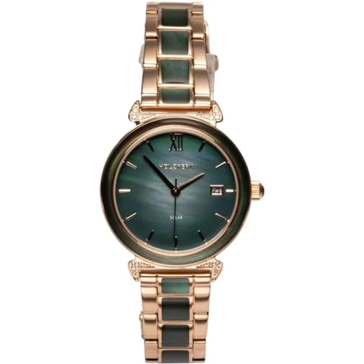 Holzkern Solaruhr Damen-Sunglister, Grünes Perlmutt/Roségoldfarben, Quarzwerk mit Solartechnologie, 34 mm Gehäuse, kratzunempfindliches Mineralglas, wasserdicht bis 5 bar – Bild 2