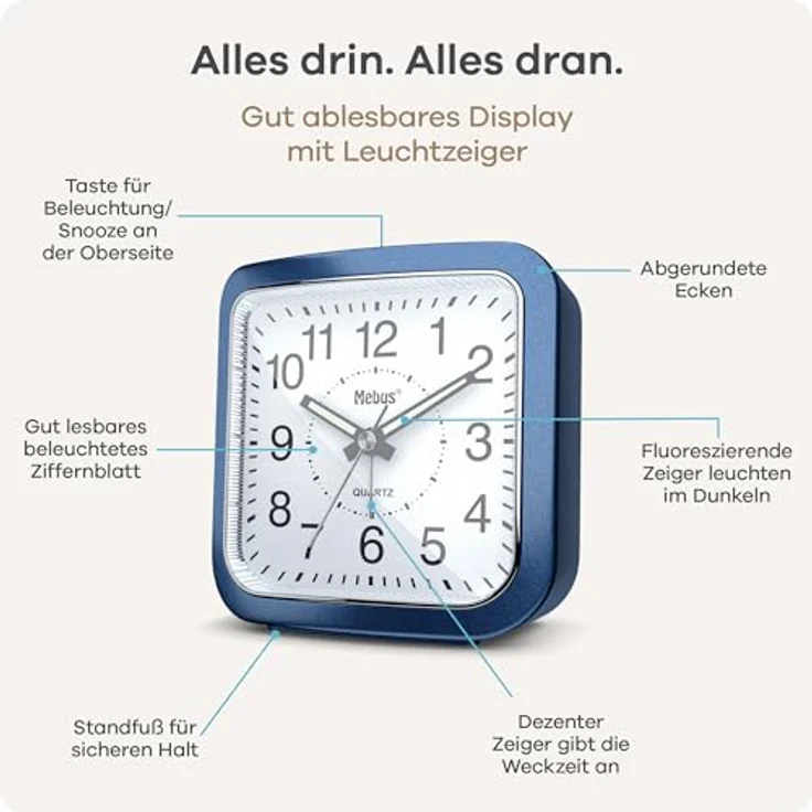 Mebus Quarzwecker Modell 26158, geräuscharm ohne Ticken, Leuchtzeiger, Alarm mit Snooze-Funktion, Zifferblattbeleuchtung, Farbe: Blau – Bild 5