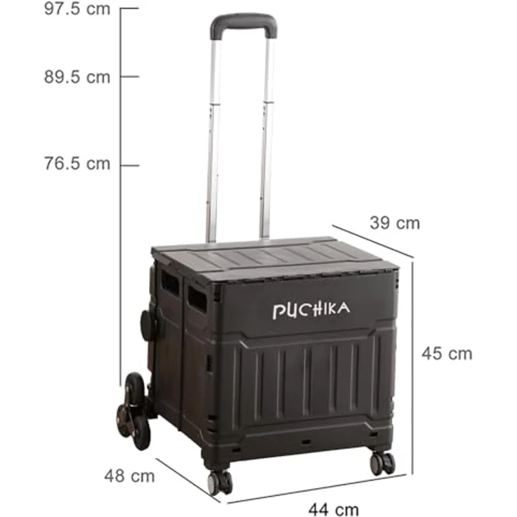 PUCHIKA Einkaufstrolley klappbar, Einkaufswagen Trolley mit Deckel, faltbar, flachziehbar, 8 Gummiräder, 48L, Schwarz – Bild 2