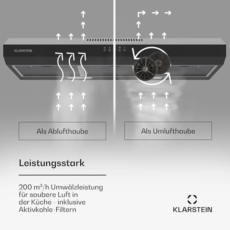 Klarstein Dunstabzugshaube 90cm, Abluft-Dunstabzugshaube mit Spülmaschinenfestem Filter aus Aluminium, Leise Abzugshaube Abluft, 200m³/h Luftstrom, Effiziente Wandhauben mit LEDs & Touch Controls – Bild 3
