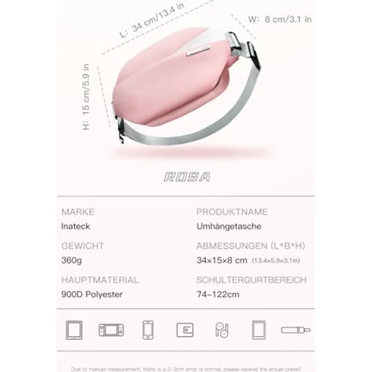 Inateck Sling Bag, wasserabweisende Umhängetasche in Rosa mit verstellbarem Schultergurt und viel Stauraum – Bild 2