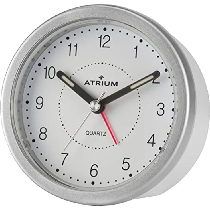 Atrium A260-19, Moderner Design Wecker Analog Quarz ohne Ticken mit Licht und Snooze-Funktion, Rund, Weiß/Silber, 9 cm Durchmesser