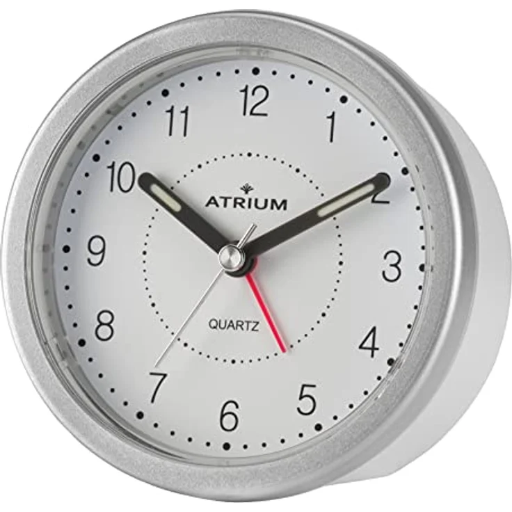 Atrium A260-19, Moderner Design Wecker Analog Quarz ohne Ticken mit Licht und Snooze-Funktion, Rund, Weiß/Silber, 9 cm Durchmesser – Bild 1