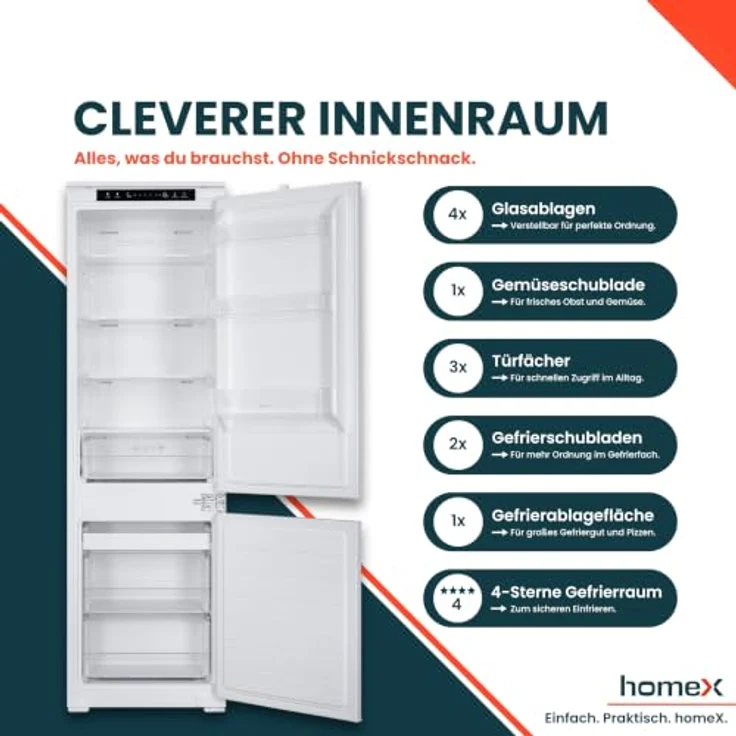 homeX CFBN2531E Einbaukühlschrank mit Gefrierfach, No Frost, 178 cm hoch, 253 l, 37 dB, weiße Front – Bild 7