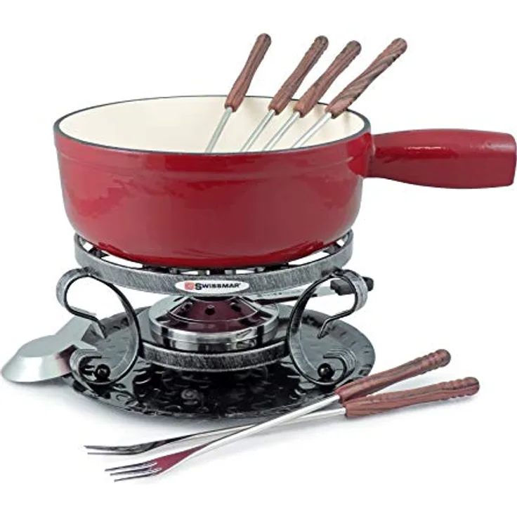 Swissmar KF-66517 Lugano Fondue Set 9-teiliges, Gusseisen/Edelstahl, Kirschrot, 2L, Fondue-Set für Fleisch, Käse und Schokolade, für 4 Personen, Geschenkset