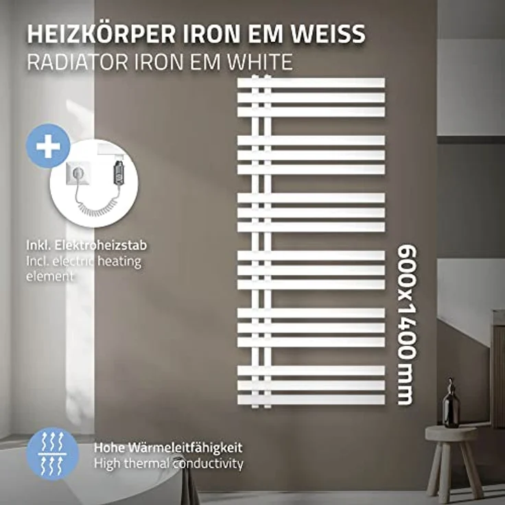 ECD Germany Iron EM Design Badheizkörper elektrisch, 1200 W, 600 x 1400 mm, weiß, Handtuchwärmer und Trockner, inklusive Montagematerial – Bild 4