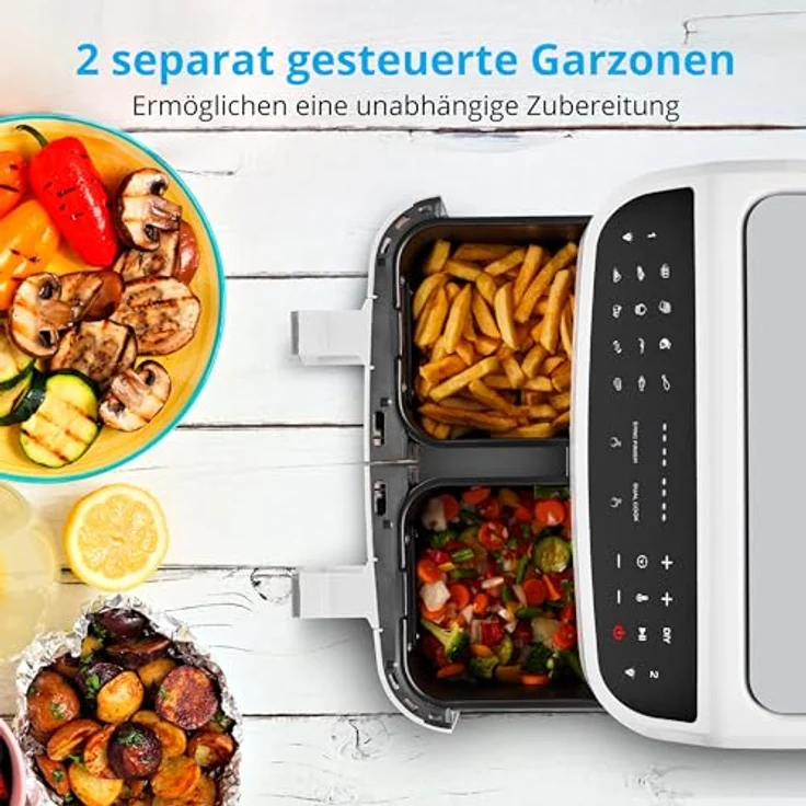 MEDION P20 XXL Heißluftfritteuse mit 2 Kammern (8,7 Liter, 2.600 Watt, Doppelkammer, 9 Automatikprogramme, 2 Schubladen, Sichtfenster, Dualer Airfryer, Dual Cook & Sync-Finish Funktion) – Bild 2