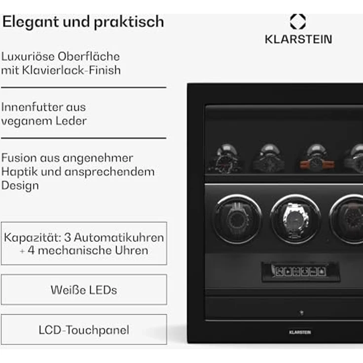 Klarstein SecureTouch Uhrenbeweger, 3+4 Uhren mit Mabuchi Motor, Klavierlack, 41 Modi, Fingerabdruckschloss, integrierte Schmuckschublade und LEDs – Bild 2