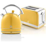 Swan Retro Set Frühstückswasserkocher Gelb, 1,8 Liter mit 360° drehbarem Sockel und Toaster mit 6 Toaststufen