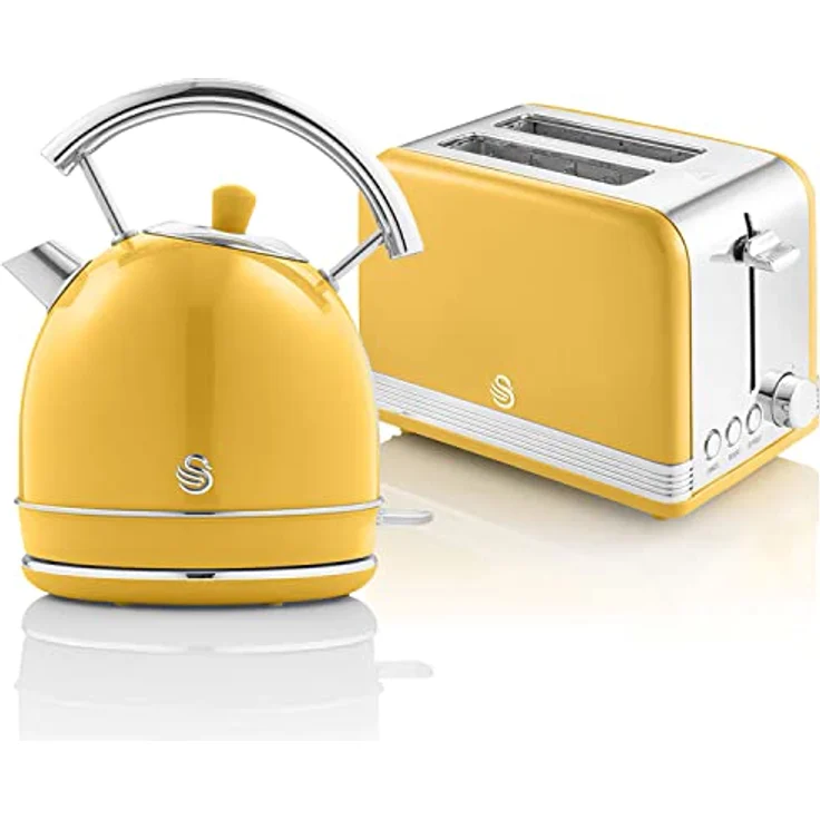 Swan Retro Set Frühstückswasserkocher Gelb, 1,8 Liter mit 360° drehbarem Sockel und Toaster mit 6 Toaststufen – Bild 1