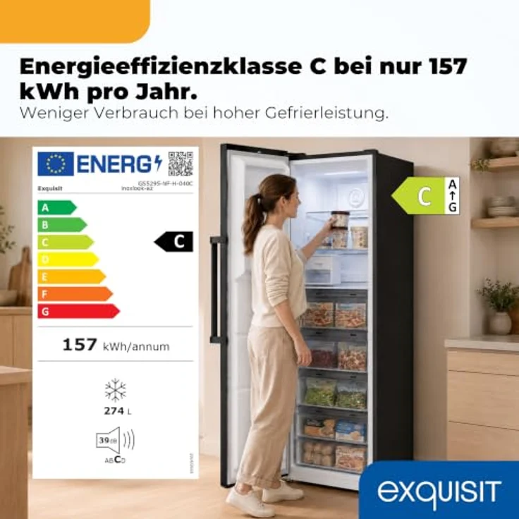 Exquisit GS5295-NF-H-040C, Gefrierschrank mit 274 l, No Frost, elektronisch, Energieklasse C, 39 dB, Inoxlook-az – Bild 2