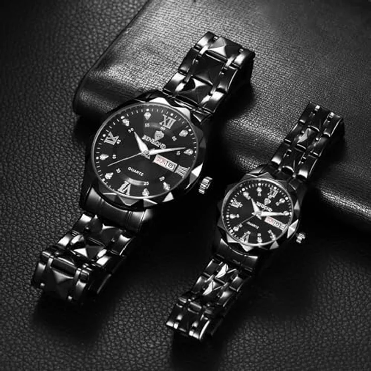 JewelryWe Paar Uhren Leuchtende Partneruhr, Schwarz Edelstahl, 30m wasserdicht, Analog Quarz mit römischen Ziffern und Diamantskala, 2er Set – Bild 3