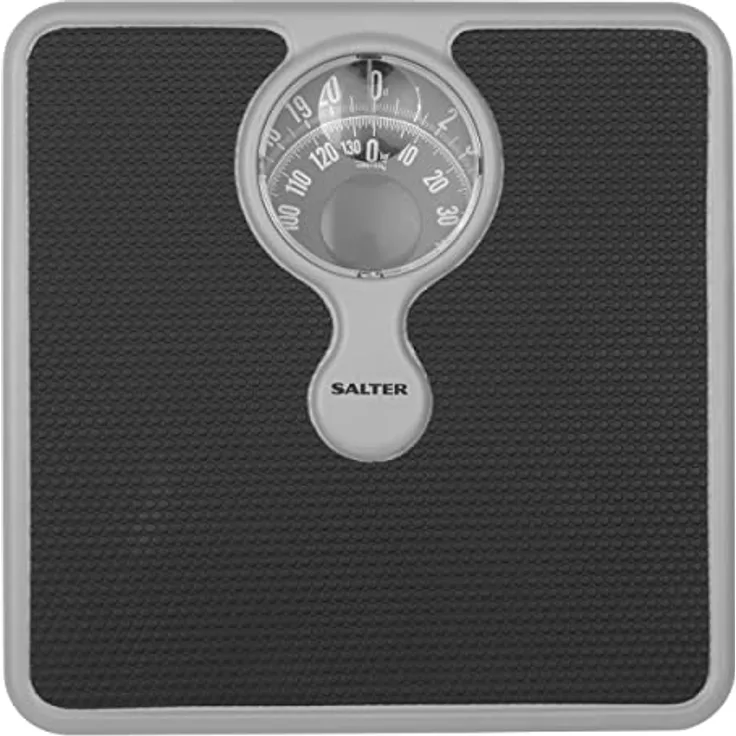 Salter 484 SBFEU16 mechanische Körperwaage mit Lupe - Badezimmerwaage, maximal 133kg, kompaktes Personenwaage, einfach ablesbares Zifferblatt, keine Batterien, Gewicht in kg, st/lbs, silber/schwarz