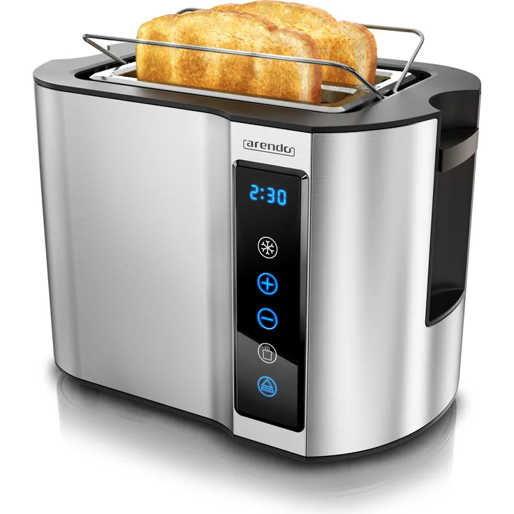 Arendo Toaster Edelstahl 2 Scheiben Kurzschlitz, Brötchenaufsatz, Touchpanel, Display mit Restzeitanzeige, Toaster, Silber