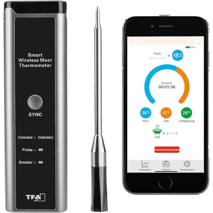 TFA Dostmann Bratenthermometer TFA 14.1515.10 Smart BBQ kabelloses Fleisch- Grillthermometer, Edelstahl mit Keramikgriff, Bluetooth 5.0 – Bild 2