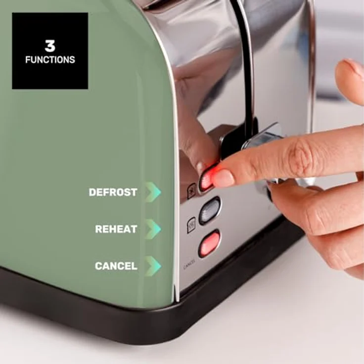 Taurus Toaster Vintage II Olive, 950W, 2 kurze Schlitze, 7 Bräunungsstufen, Edelstahlgehäuse, 3 Funktionen, Kabelaufwicklung, Olivgrün – Bild 4