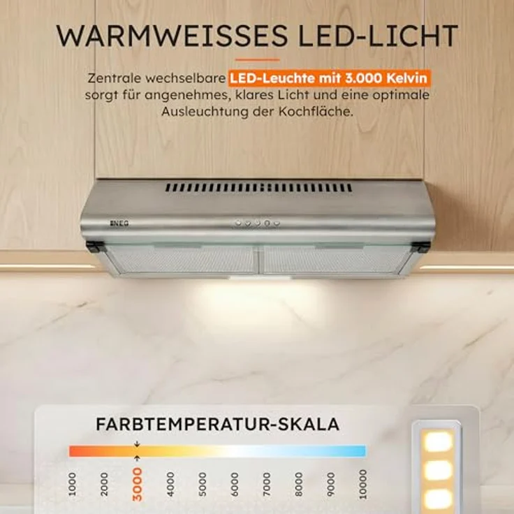 NEG Edelstahl Unterbau Dunstabzugshaube NEG15-DC+ NextGen Doppelmotor, 60 cm, 424 m³/h, flexibler Abluftanschluss oben/hinten, Umluftbetrieb, Curved Design, mit LED-Beleuchtung – Bild 2