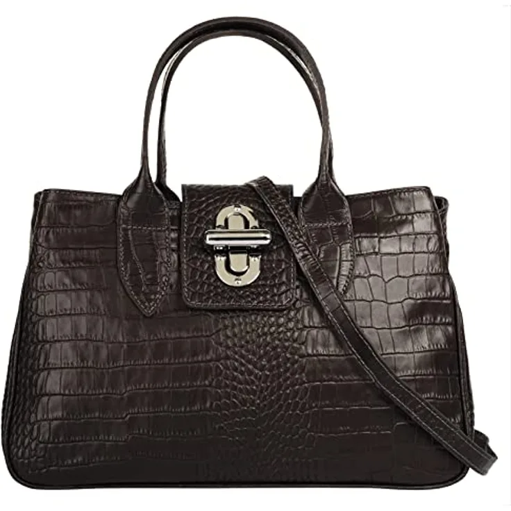 Cluty Leder Damen Handtasche mit Croco-Prägung, braun, zwei Tragegriffen und abnehmbarem Schulterriemen