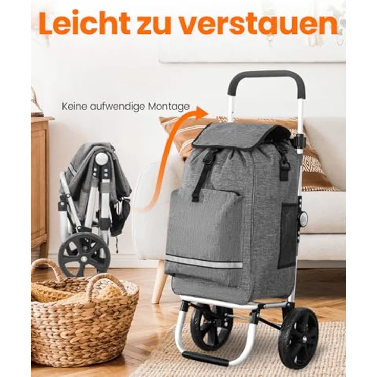 HOMECALL Einkaufstrolley klappbar 3 in 1 mit Kühltasche, 55L Kapazität, 50kg Tragkraft, Treppensteiger-Räder, ergonomic Griff, grau – Bild 7