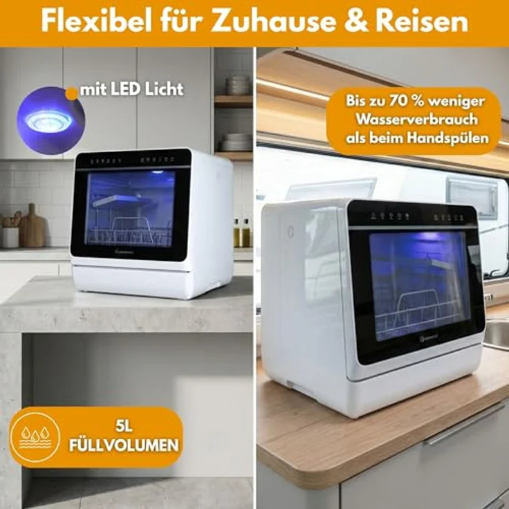 Sommertal SP9 XXL Mini Geschirrspüler, 7 Programme bis 5 Personen, 950 W, 5L Tank, Touch-Bedienung, Selbstreinigung, LED-Innenbeleuchtung – Bild 5