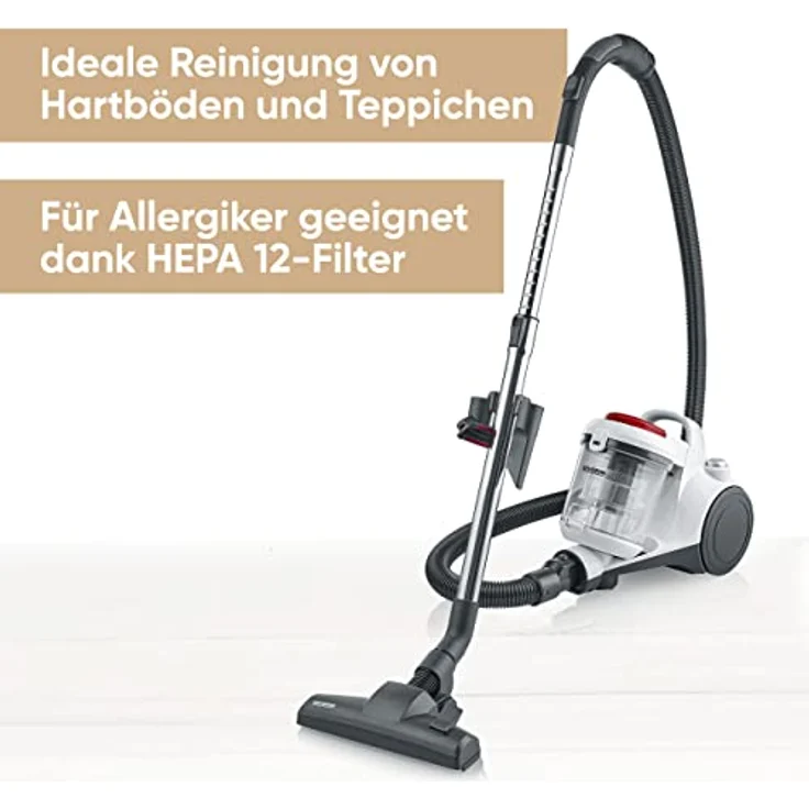 SEVERIN Beutelloser Zyklon-Staubsauger, Bodenstaubsauger für Allergiker, Staubsauger ohne Beutel mit Premium-Eco-Boden- und Parkettdüse, 2 L, weiß-silber-rot, CY 7106 – Bild 2