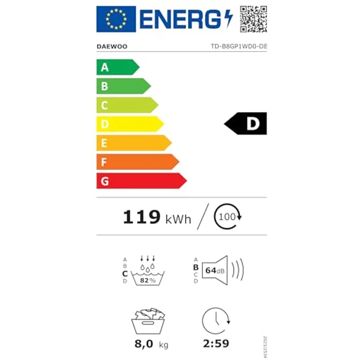 Daewoo TD-B8GP1WD0-DE Wärmepumpentrockner, 8 kg, Energieeffizienzklasse D, 15 Programme, Knitterschutz, Trommel-Innenbeleuchtung – Bild 12