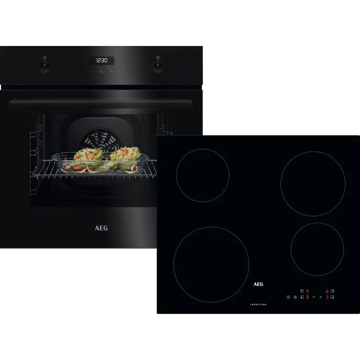 AEG AB14B Set Backofen BEK43511XB + Induktionskochfeld IBE6420SCB, Edelstahl Design, 65 Liter Garraum, 4 Kochzonen mit Induktion, Touch Control, Schwarz