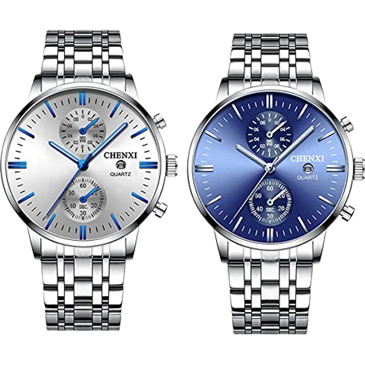 JewelryWe 2PCS Herrenuhr Edelstahl Quarz Analog, Kalenderdatum, 3ATM wasserdicht, Silber Blau – Bild 1