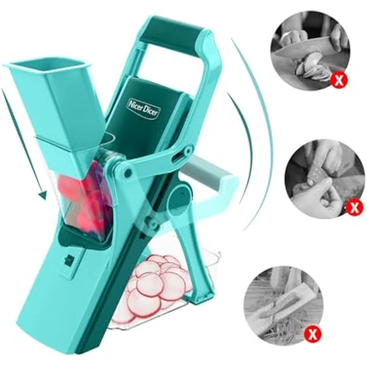 Genius Gemüseschneider Nicer Dicer Mando 12tlg., Gemüsehobel mit 6 austauschbaren Klingen, Mandoline Vegetable Chopper für Scheiben Julienne Streifen - Hochwertiger Standhobel in neuem Design, grün – Bild 5