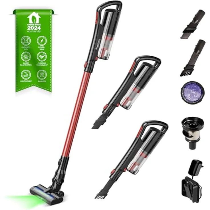 120 Watt TurboTronic 11 kpA mit Laser Stiel Kabellos Staubsauger & Handstaubsauger mit MIF Filter 11kPA, Zyklon Technologie Stabstaubsauger Bodensauger Stielstaubsauger (Rot)