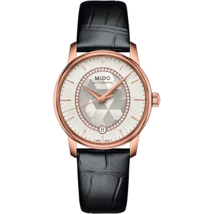 Mido Damen Armbanduhr Digital Automatik Leder M0072073611600, roségold mit Diamanten und schwarzem Lederband