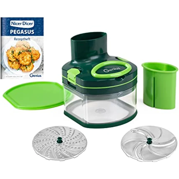 Genius Nicer Dicer Pegasus Gemüsezerkleinerer 10-tlg | Handzugdeckel | geringer Kraftaufwand | Gemüseschneider für schnelles & sicheres Arbeiten | fein reiben + grob schneiden… – Bild 1