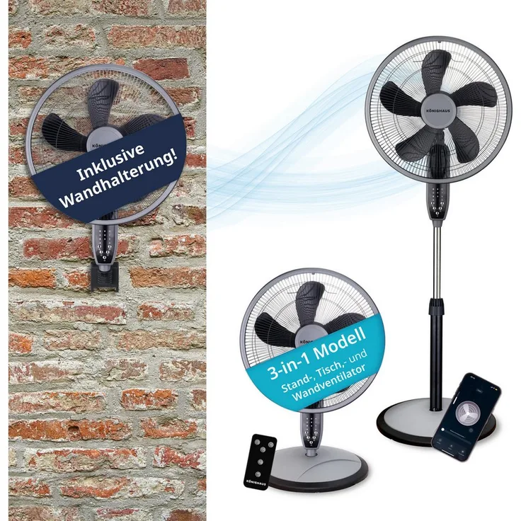 Könighaus 3-in-1 Standventilator, Smart Tisch- und Wandventilator mit Fernbedienung, App-Steuerung, 55-W Silent-Motor und Breeze-Funktion