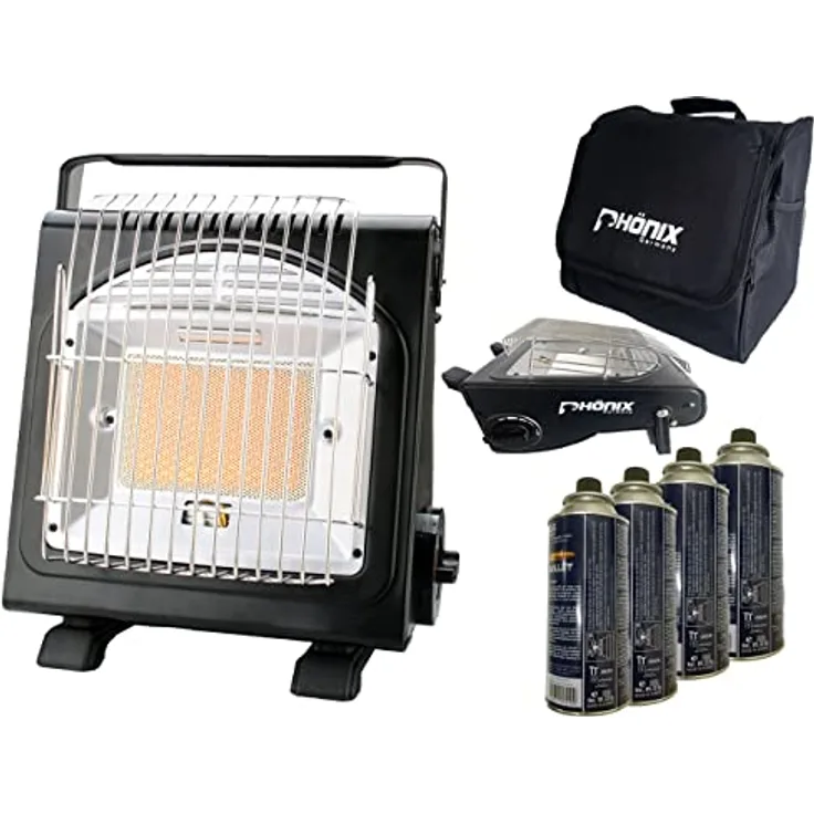 PHönix PH-100 Heizstrahler 1,7 KW Gasheizung Gasstrahler Keramik Camping Heizung Gaskocher + Tasche + 4 Gaskartuschen
