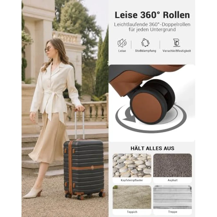KONO Koffer Set 3-teilig, Hartschalenkoffer aus ABS+PC, leicht, grau/braun, 360° drehbare Doppelrollen, integriertes Zahlenschloss – Bild 4