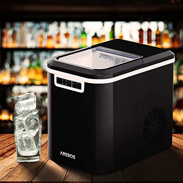 Arebos Eiswürfelmaschine | Ice Cube Maker | 12 kg / 24 h | 10-15 Minuten Produktionszeit | 2 Eiswürfel-Größen | 2,2 Liter Wassertank | Eiswürfelbereiter | Leise | Selbstreinigungsfunktion | Schwarz – Bild 2
