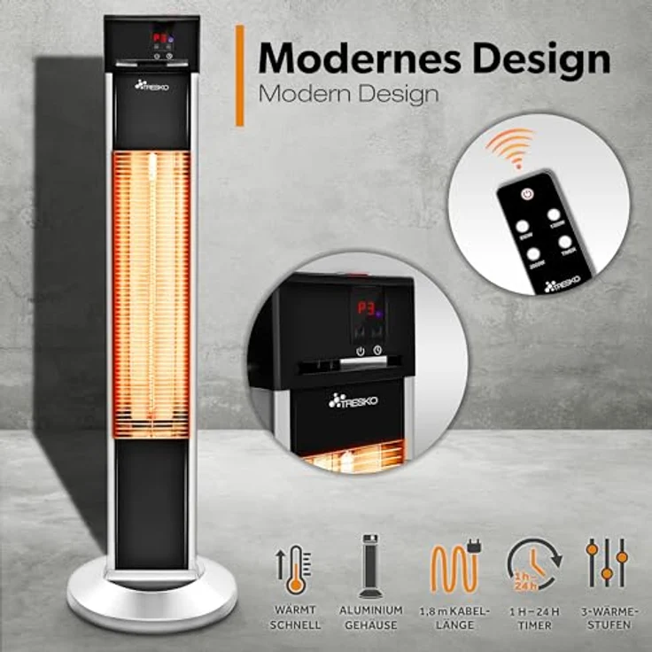 TRESKO Infrarot Stand-Heizstrahler 2000W mit Fernbedienung | Wärmestrahler Terrasse elektrisch mit 3 Heizstufen | Terrassenstrahler Innen & Außen | Infrarotstrahler mit LED-Anzeige - Preisvergleich – Bild 2