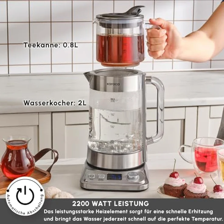 Karaca X Refika XL, Automatischer Teekocher & Caydanlik mit 2L Wasserkocher und 0,8L Glasteekanne, Multi-Temperatursteuerung, Eco-Modus, Chrom – Bild 4