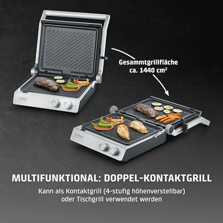 Caso SteakChef, Doppel-Kontaktgrill aus Edelstahl mit Antihaftbeschichtung, 2000 Watt, Temperatur 100-220°C, als Tischgrill nutzbar, große Grillfläche von 1440 cm², abnehmbare und spülmaschinengeeignete Platten – Bild 3