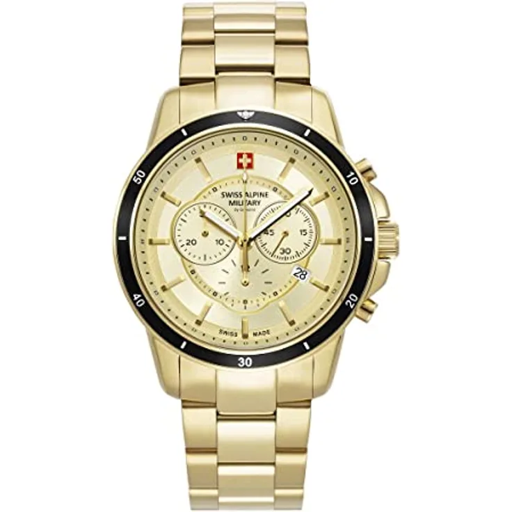 Swiss Alpine Military Herren-Armbanduhr Chronograph, Analog Quarz, Edelstahl, 44 mm, Gold/Schwarz/Weiß, mit Datumsanzeige und Stoppfunktion