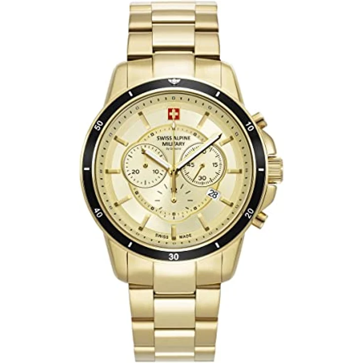 Swiss Alpine Military Herren-Armbanduhr Chronograph, Analog Quarz, Edelstahl, 44 mm, Gold/Schwarz/Weiß, mit Datumsanzeige und Stoppfunktion – Bild 1