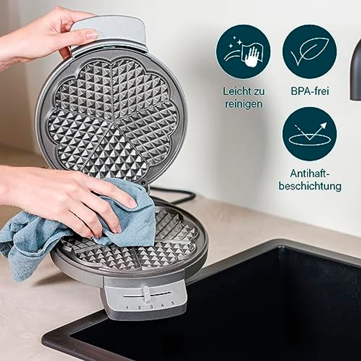 Princess Waffeleisen 132380, mit Herzwaffelform, 1200 Watt, 0,85m Kabellänge, 5 Heizstufen, mit Kontrollleuchte – Bild 5