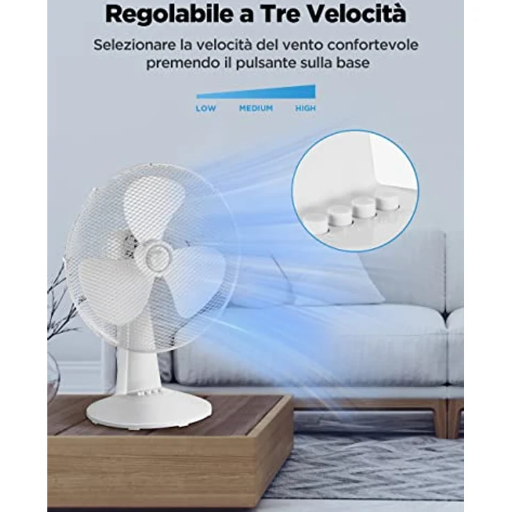 Midea Tischventilator, 3 Geschwindigkeitsstufen, mechanische Steuerung, 80° Oszillation, neigbar, weiß – Bild 2