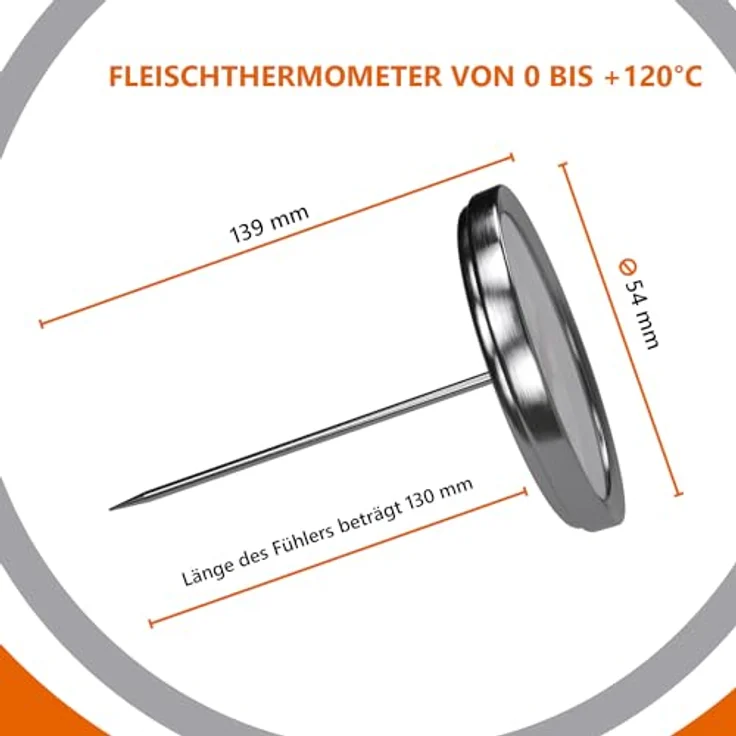 VIOKS Fleischthermometer Backofen 0 bis +120°C - Edelstahl Steak Thermometer 43 mmØ mit Einstechfühler 130 mm - Thermometer Fleisch zur exakten Temperaturmessung verschiedener Fleischsorten – Bild 2