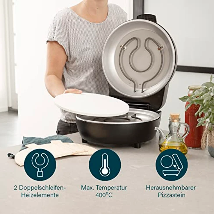 Princess Pizzaofen Pro 115005 – ø30 cm – Echter Pizzastein – Cool-Touch-Gehäuse für sicheren Gebrauch – Temperatur und Timer einstellbar – 1200 W – Schwarz – Bild 4