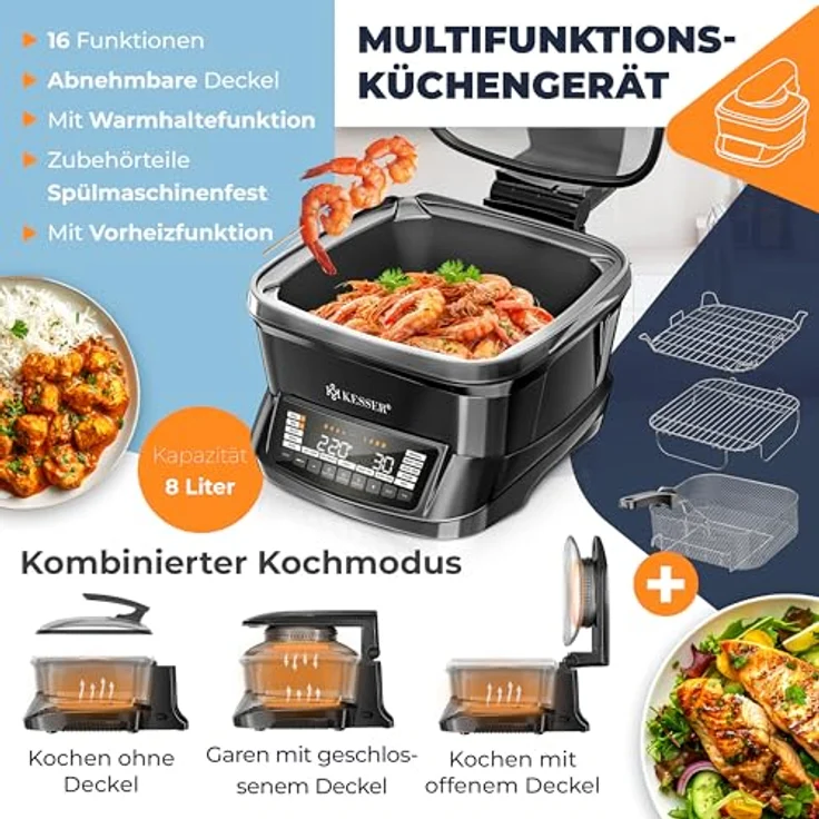 KESSER® Multikocher mit Heißluftfritteuse 8L, 16 Programme, Grillen, Backen, Dampfgaren, Vorheiz- & Warmhaltefunktion, Reiskocher, Slow Cooker, Joghurtbereiter – Bild 3