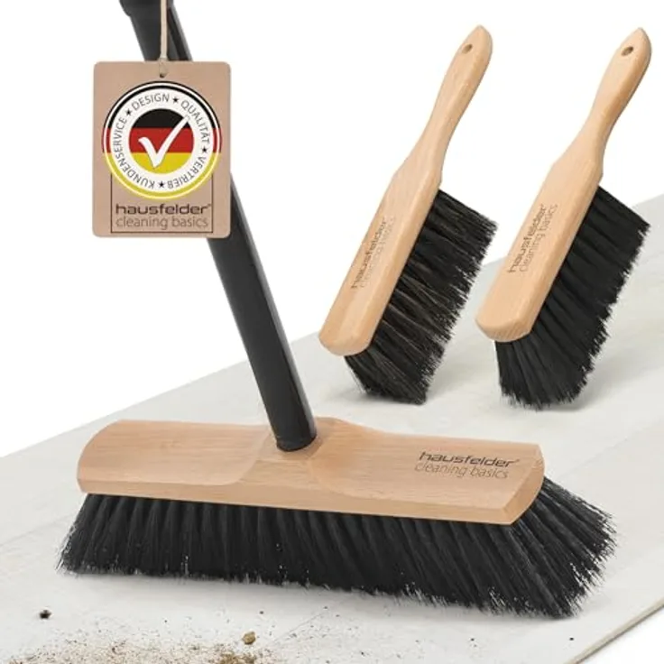 Hausfelder Staubbesen Vorteilspack, 1 x 30cm Zimmerbesen und 2 x Handfeger mit ergonomischen Holzgriffen und dichten Borsten
