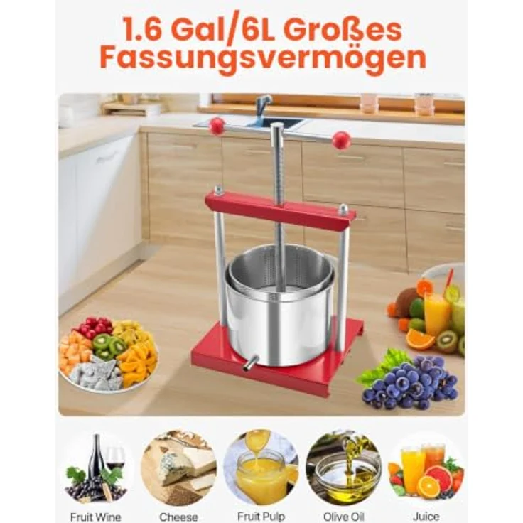 VEVOR Obstweinpresse SFP-6L, 6L Manuelle Saftpresse mit T-Griff, Edelstahlfässer und robuste Aluminiumlegierung für die Küche – Bild 3